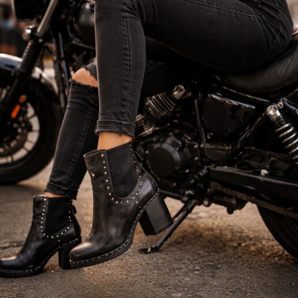 Napoleon Women's Black Leather Studded Biker Rocker Ankle Booties Size 37 EU